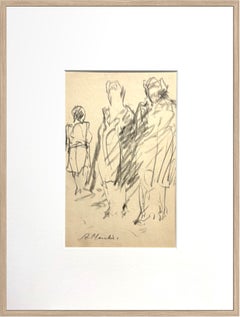 Mid-Century French Charcoal Drawing of Three Figures on Toned Paper, circa 1950