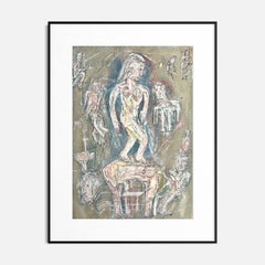 Œuvre figurative polonaise d'inspiration étrusque, de style « mid-century », réalisée en techniques mixtes sur papier, vers 1970