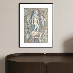 Œuvre figurative polonaise d'inspiration étrusque, de style « mid-century », réalisée en techniques mixtes sur papier, vers 1970