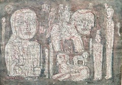 Polish-French Mid-Century Figurative Mixed Media on Paper, Etruscan-Inspired Art