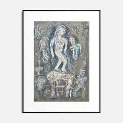 Dessin expressionniste figuratif du milieu du siècle, art étrusque, techniques mixtes, 1970