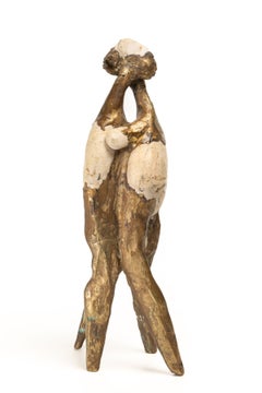 Escultura modernista de una pareja en bronce dorado y piedra, arte figurativo abstracto