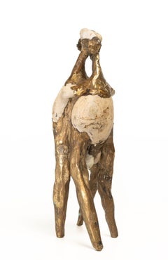Escultura modernista de una pareja en bronce dorado y piedra, arte figurativo abstracto