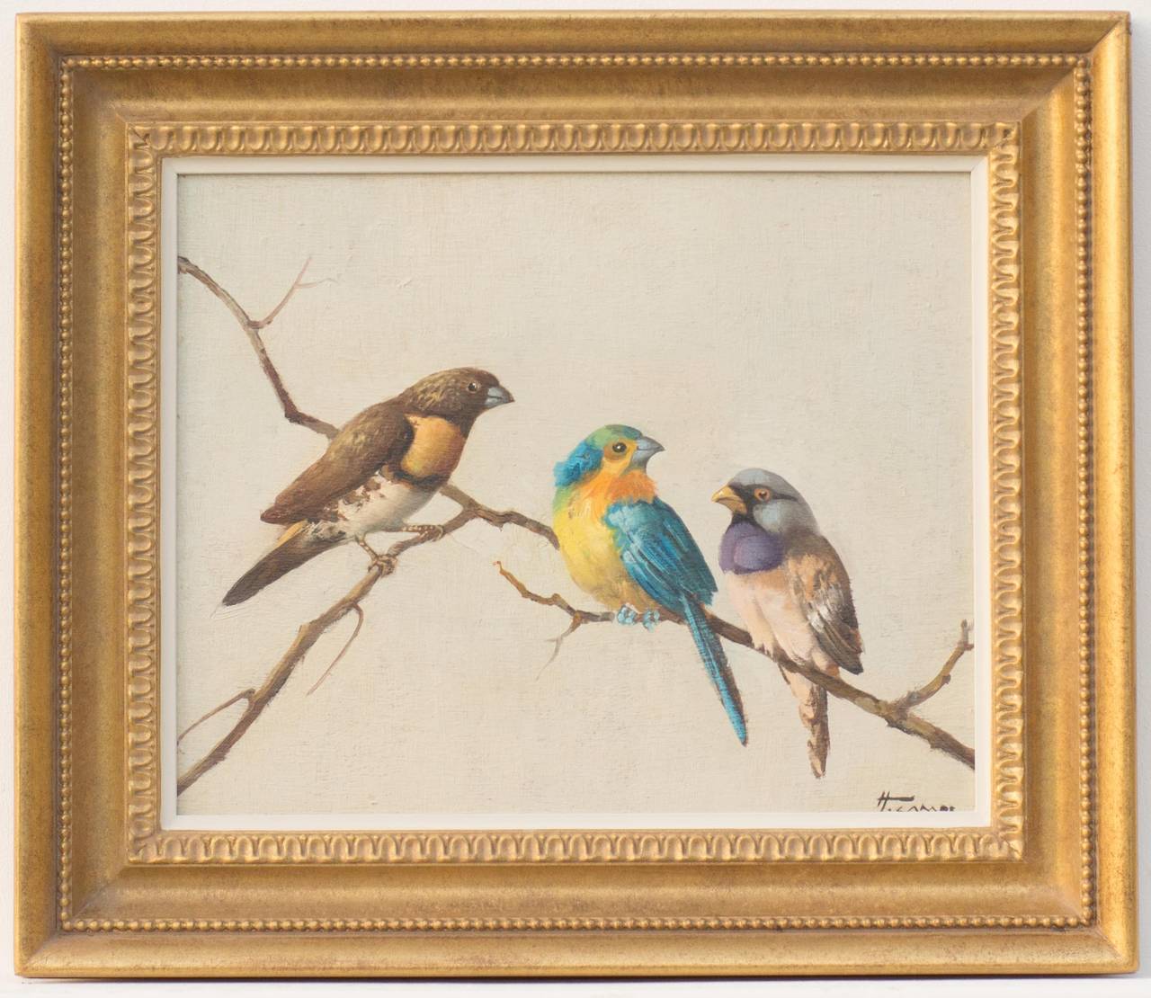Honore Theodore Camos Animal Painting - Finches on a Branch