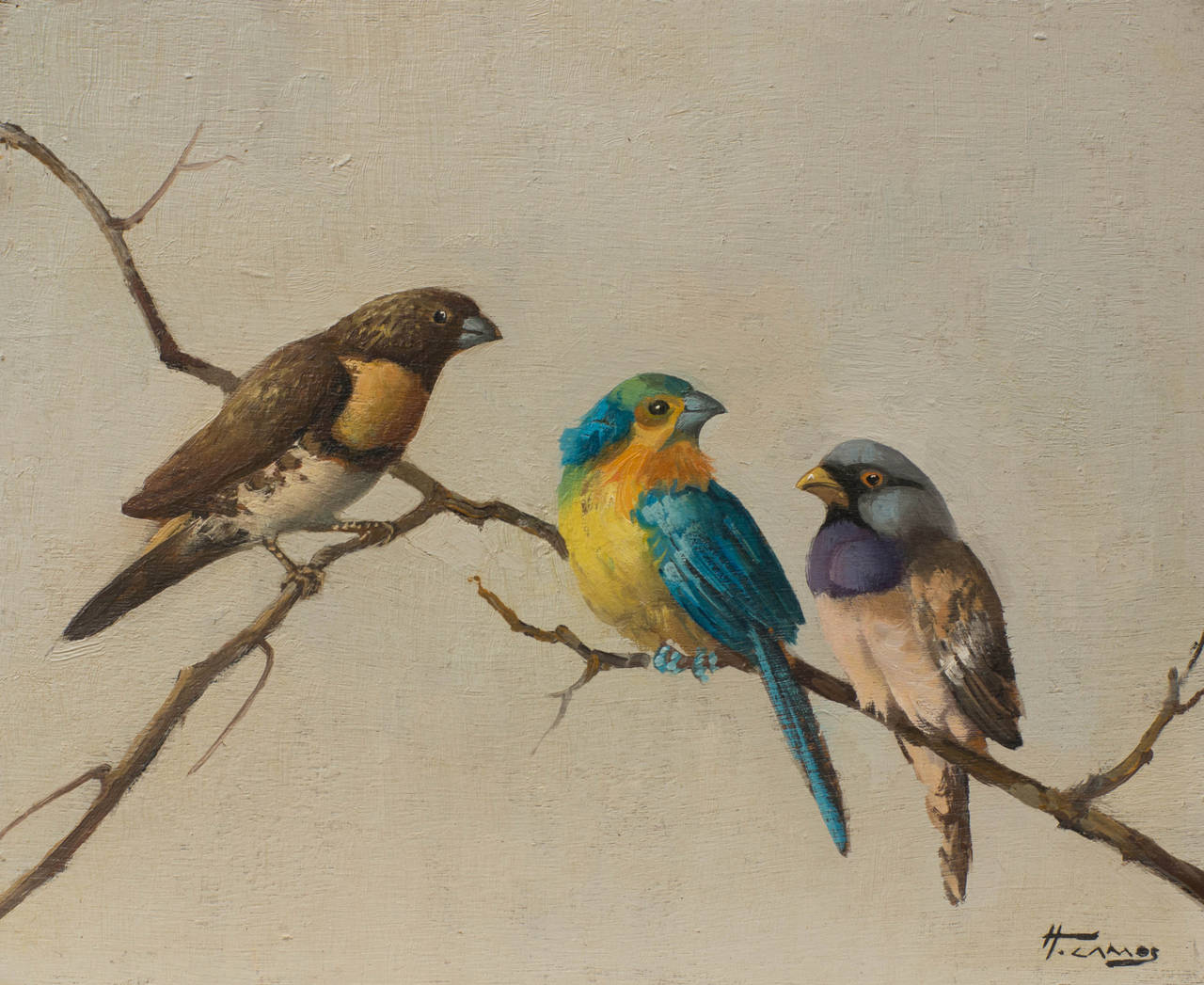 Finches on a Branch - Painting by Honore Theodore Camos