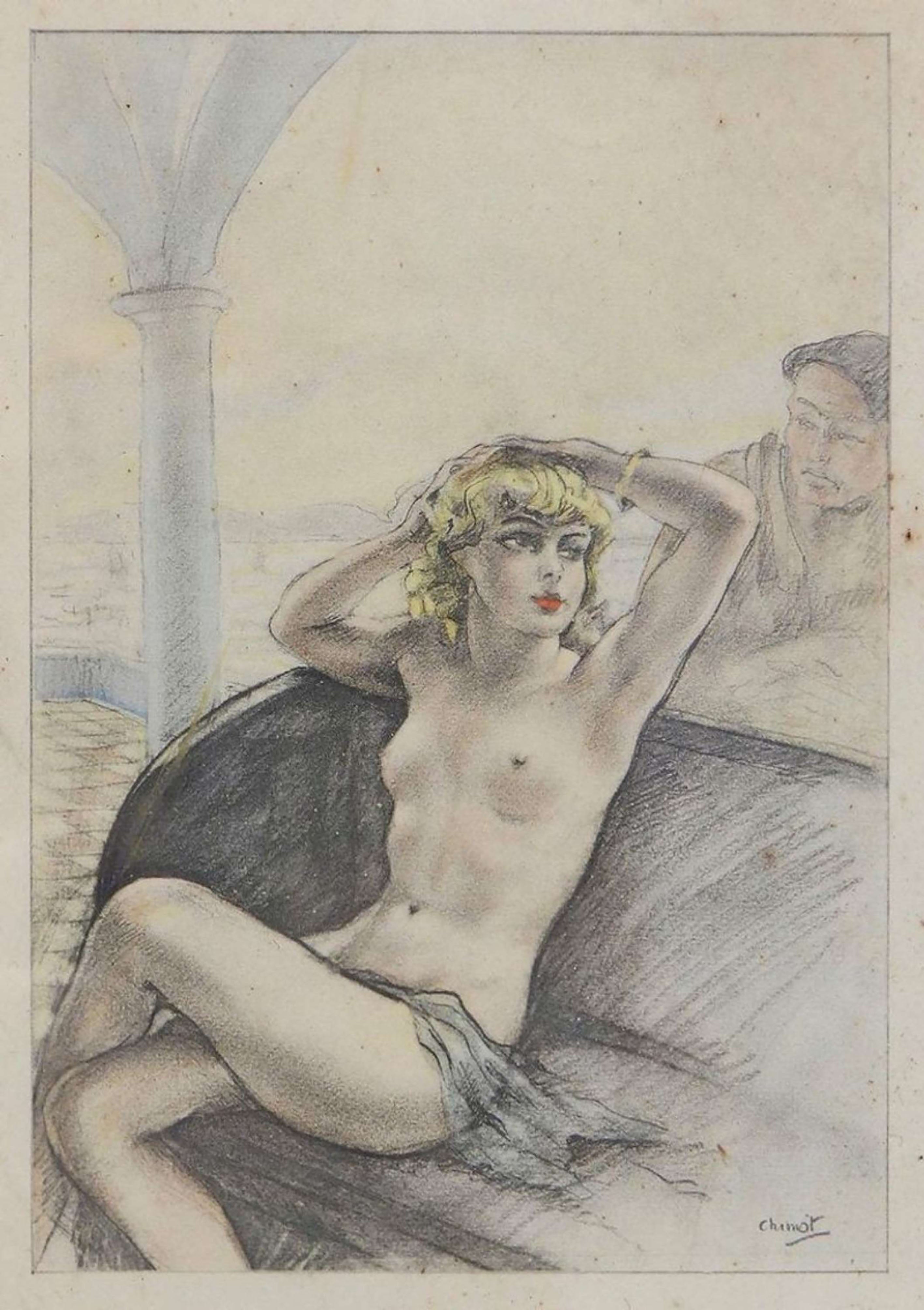 Edouard Chimot – Akt-Lithografie, um 1930, Art déco, erotisch