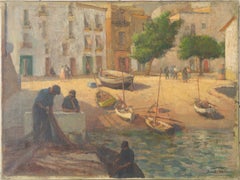 Mediterranean Fishing Village Oil Painting, Coastal Landscape, Harbor and Boats
