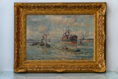 Vista impresionista del puerto de Róterdam, óleo sobre lienzo, barco de vapor y remolcadores