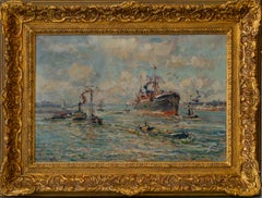Vista impresionista del puerto de Róterdam, óleo sobre lienzo, barco de vapor y remolcadores
