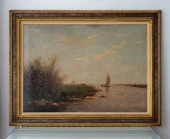 Dutch Landscape Oil Painting, Hague School Polder Lake, Sailboat and Windmill