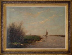 Dutch Landscape Oil Painting, Hague School Polder Lake, Sailboat and Windmill