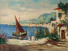 Mediterranean Coastal Painting with Sailboat, Oil on Canvas, 1962