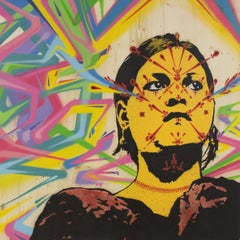 Colorful Stencil Portrait, Signed Spray Paint on Wood, 100 x 100 CM