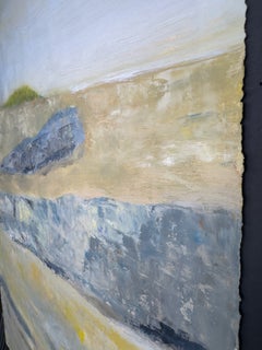 Rocas de un cañón con un bosquecillo, paisaje abstracto contemporáneo, pintura al óleo sobre papel