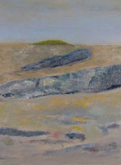 Rocas de un cañón con un bosquecillo, paisaje abstracto contemporáneo, pintura al óleo sobre papel