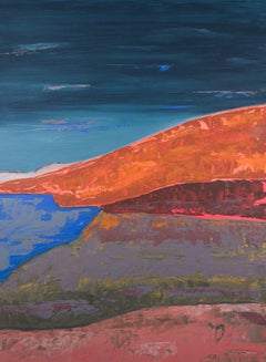Fire Hills and Lake, Contemporary Abstract Landscape, Oil Painting on Paper