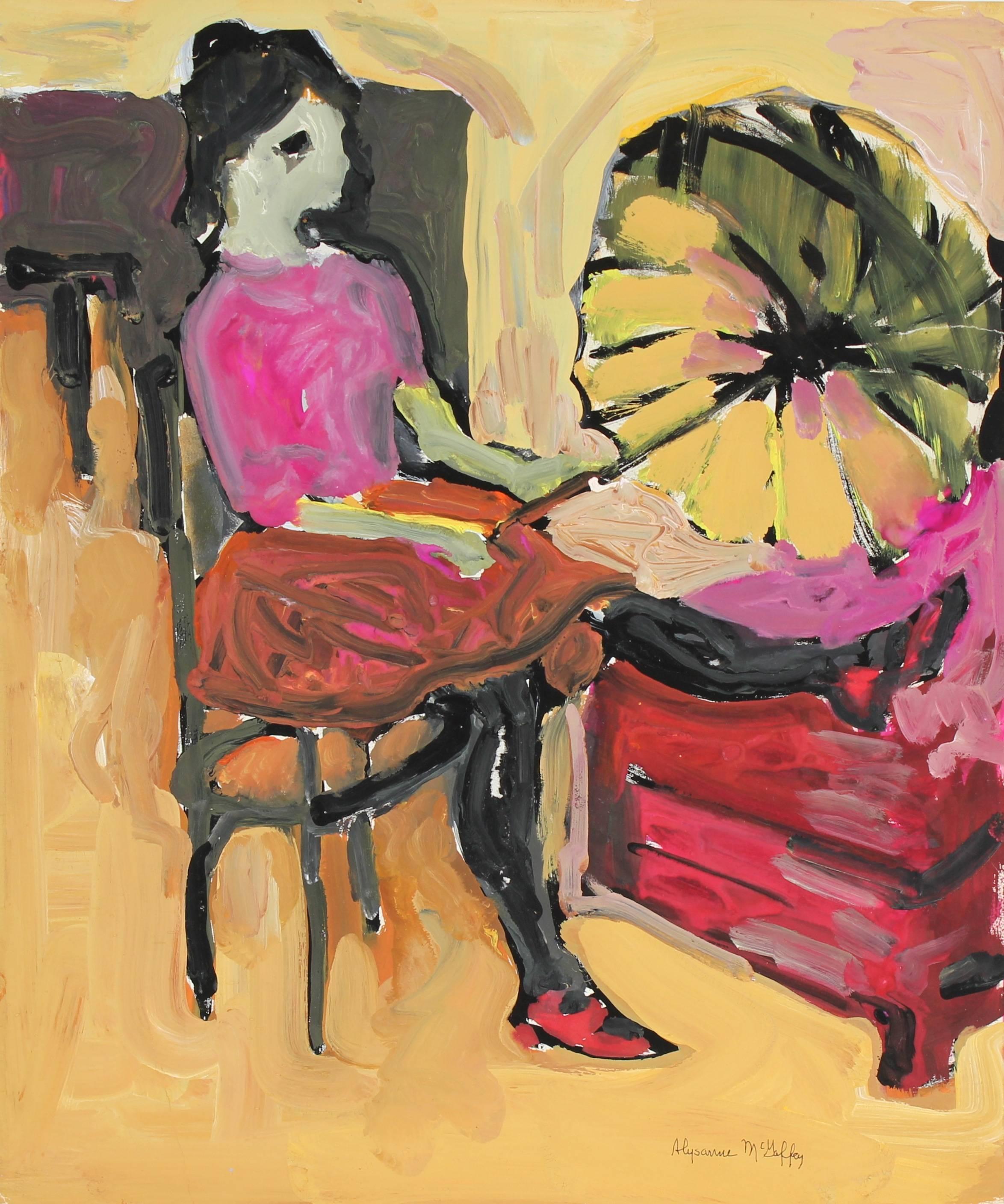 Alysanne McGaffey Portrait Painting - Bay Area Figurative Woman with Parasol, Circa 1960s