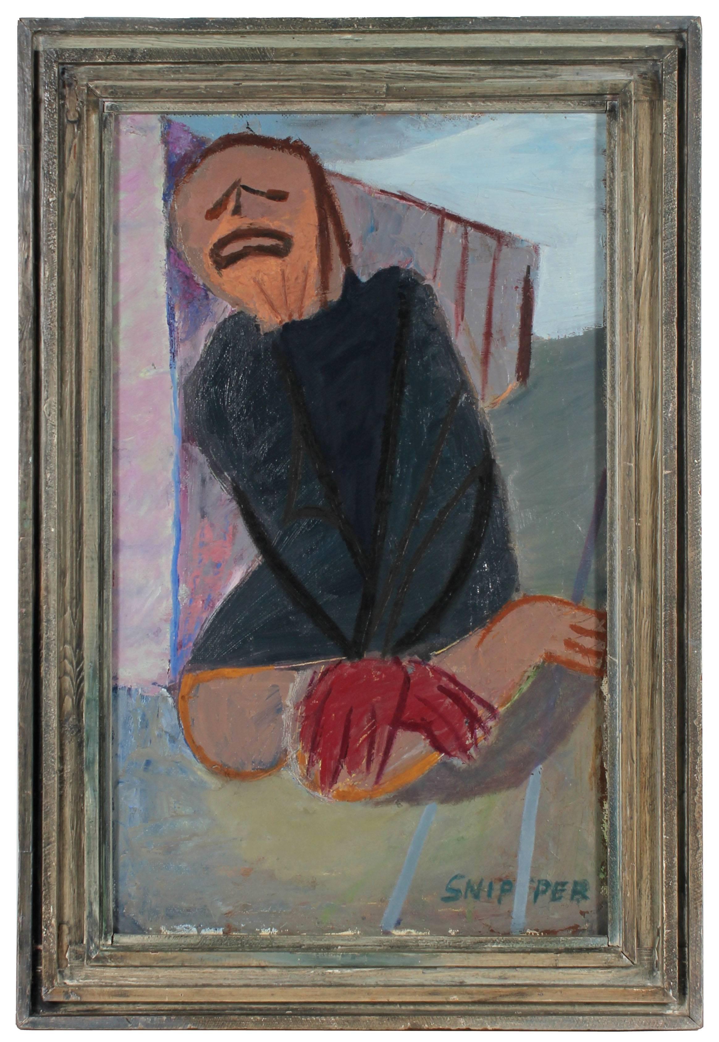 Martin Snipper Figurative Painting - Kneeling Expressionist Figure, Oil Painting, Circa 1940