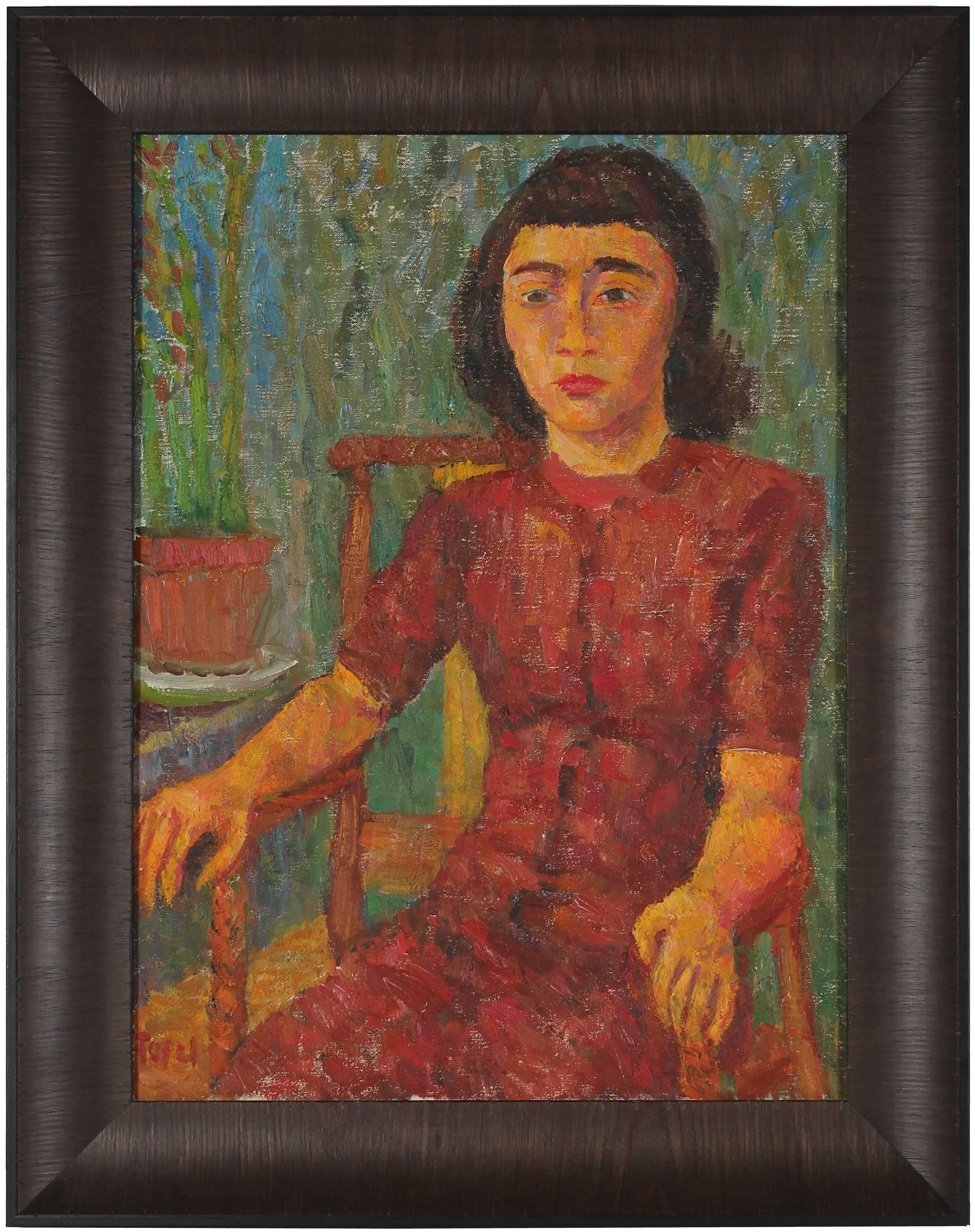 Jennings Tofel Portrait Painting - Mid Century Expressionist Seated Portrait of a Girl