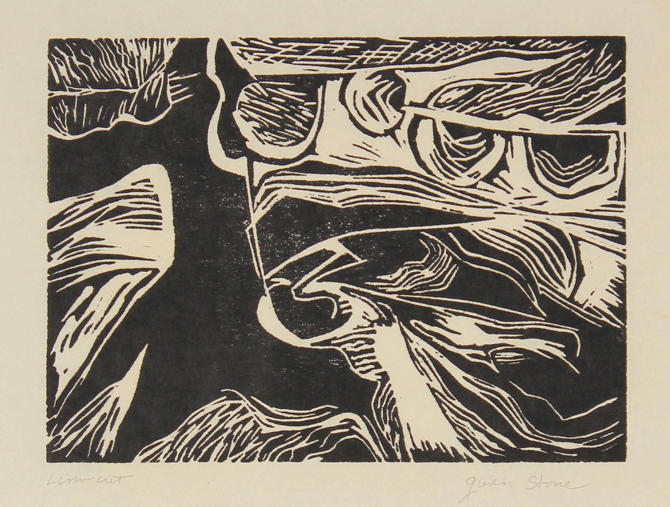Gwen Stone Abstract Print - Monochromatic Linocut Abstract, Late 20th Century