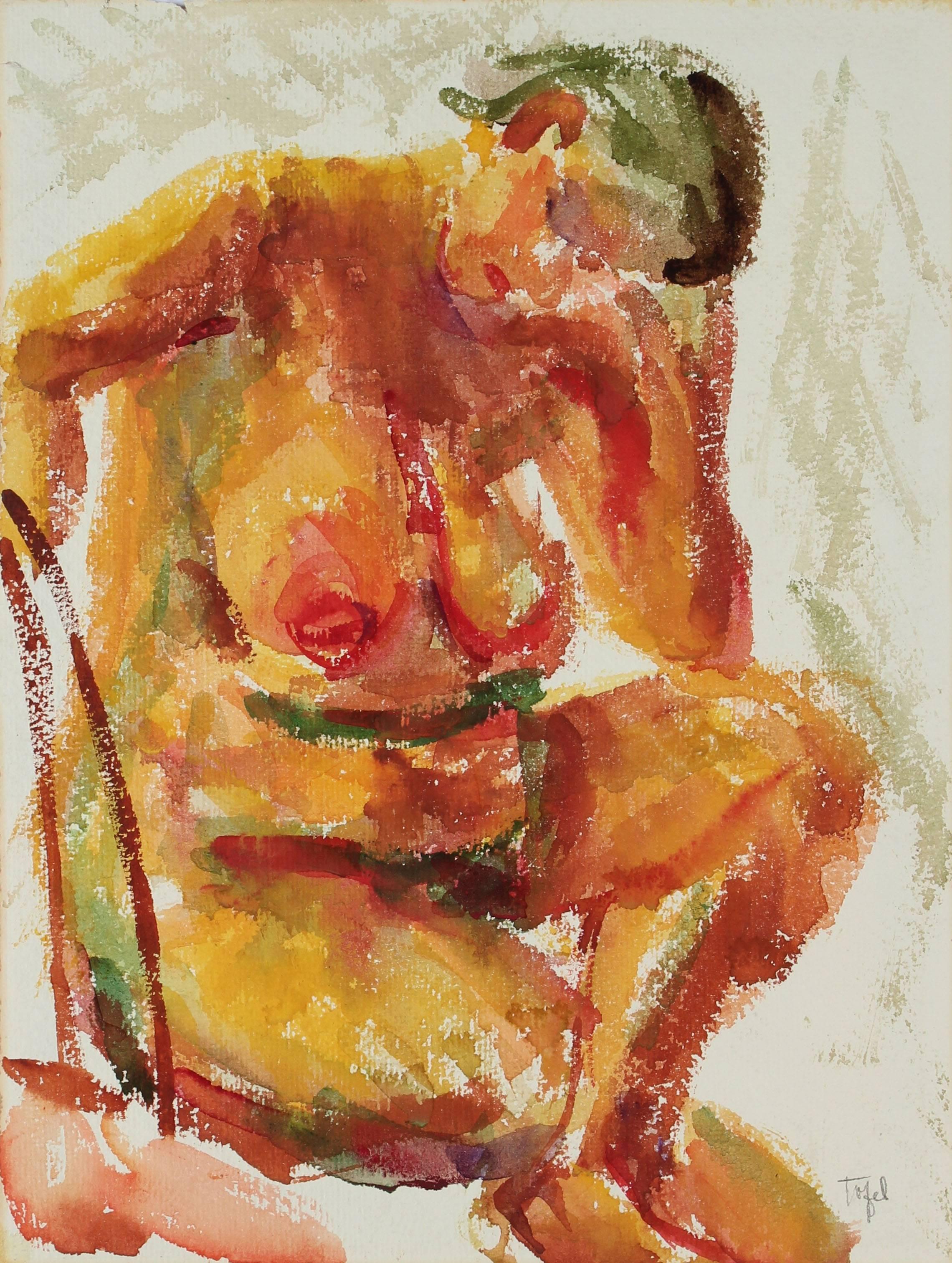 Seated Expressionist Figure in Watercolor, Circa 1950s
