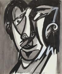 Vintage Cubist Portrait "The Grave Digger", Ink Drawing