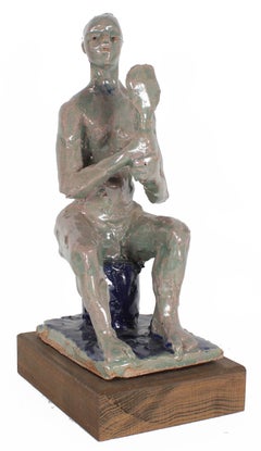 Seated Figure with Mirror, Ceramic Sculpture in Gray with Turquoise and Navy