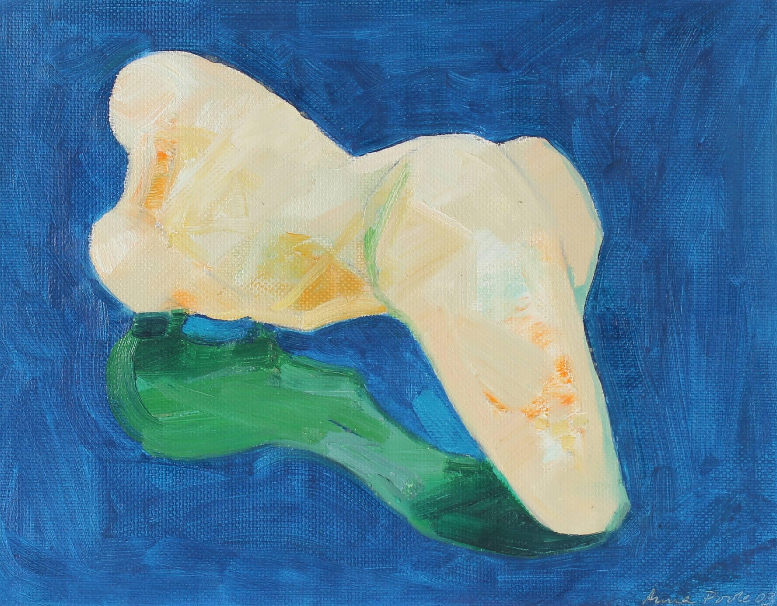 Anna Poole Abstract Painting - Abstracted Figure in Blue and Green with Bold Shapes, Oil on Paper, 2003