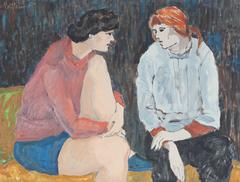 Used Seated Friends Talking, Modernist Oil Painting