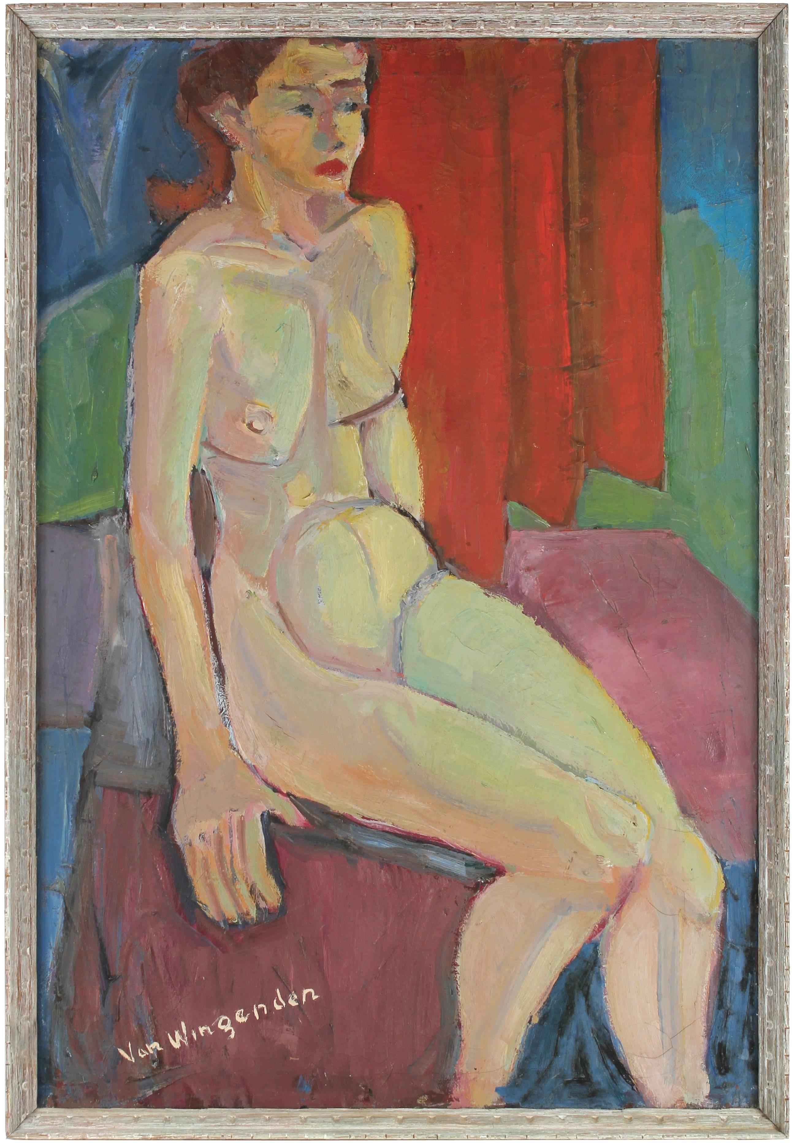 Richard Van Wingerden Figurative Painting - Seated Mid Century Expressionist Nude