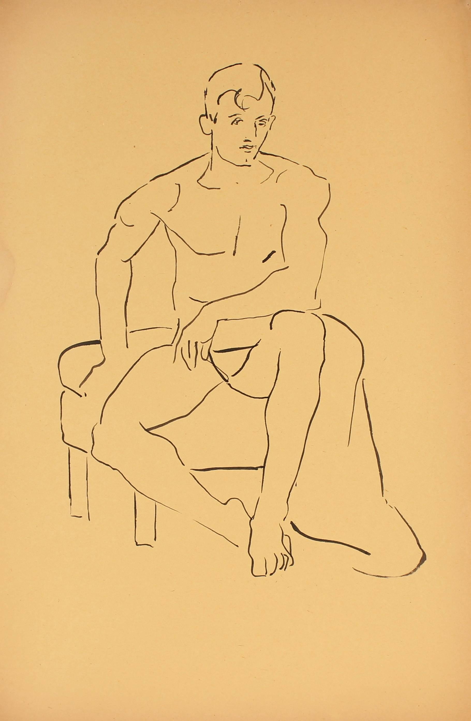 Helen Sewell Rennie Figurative Art - Mid Century Seated Nude Ink Drawing