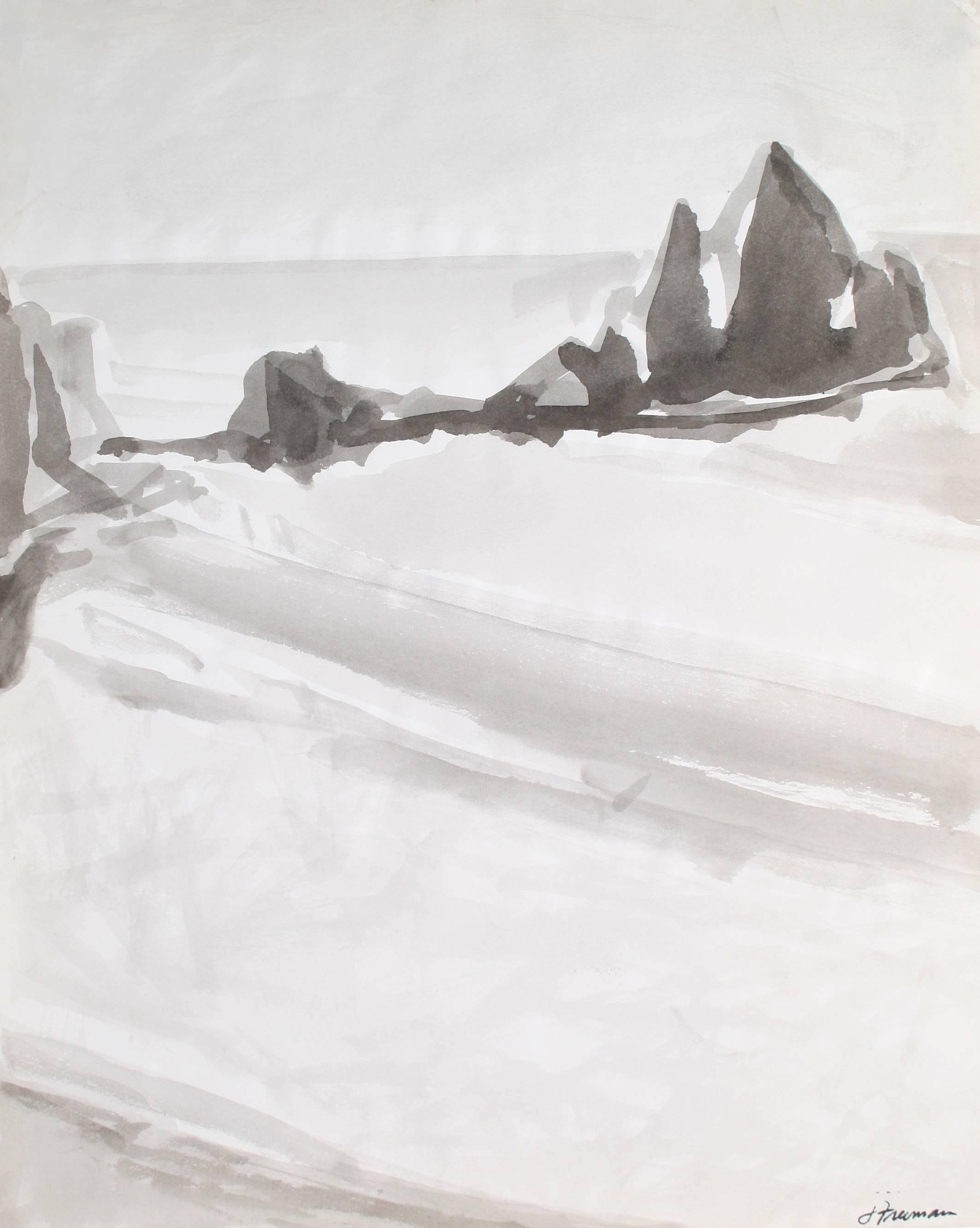 Jack Freeman Landscape Art - Bay Area Coast, Monochromatic Ink Landscape, 1976