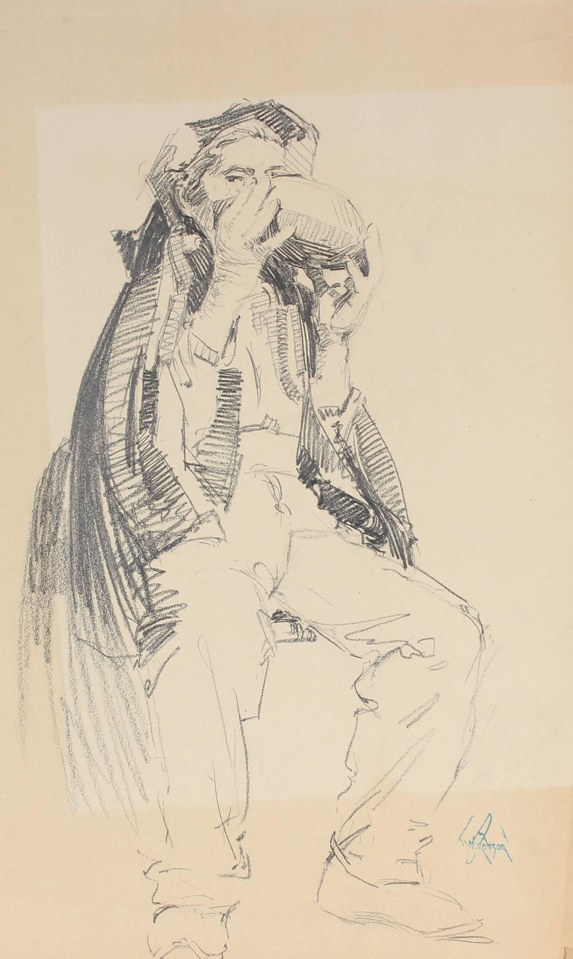 John Whitworth Robson Figurative Art - Study of a Parisian Man, Charcoal Drawing, Circa 1905
