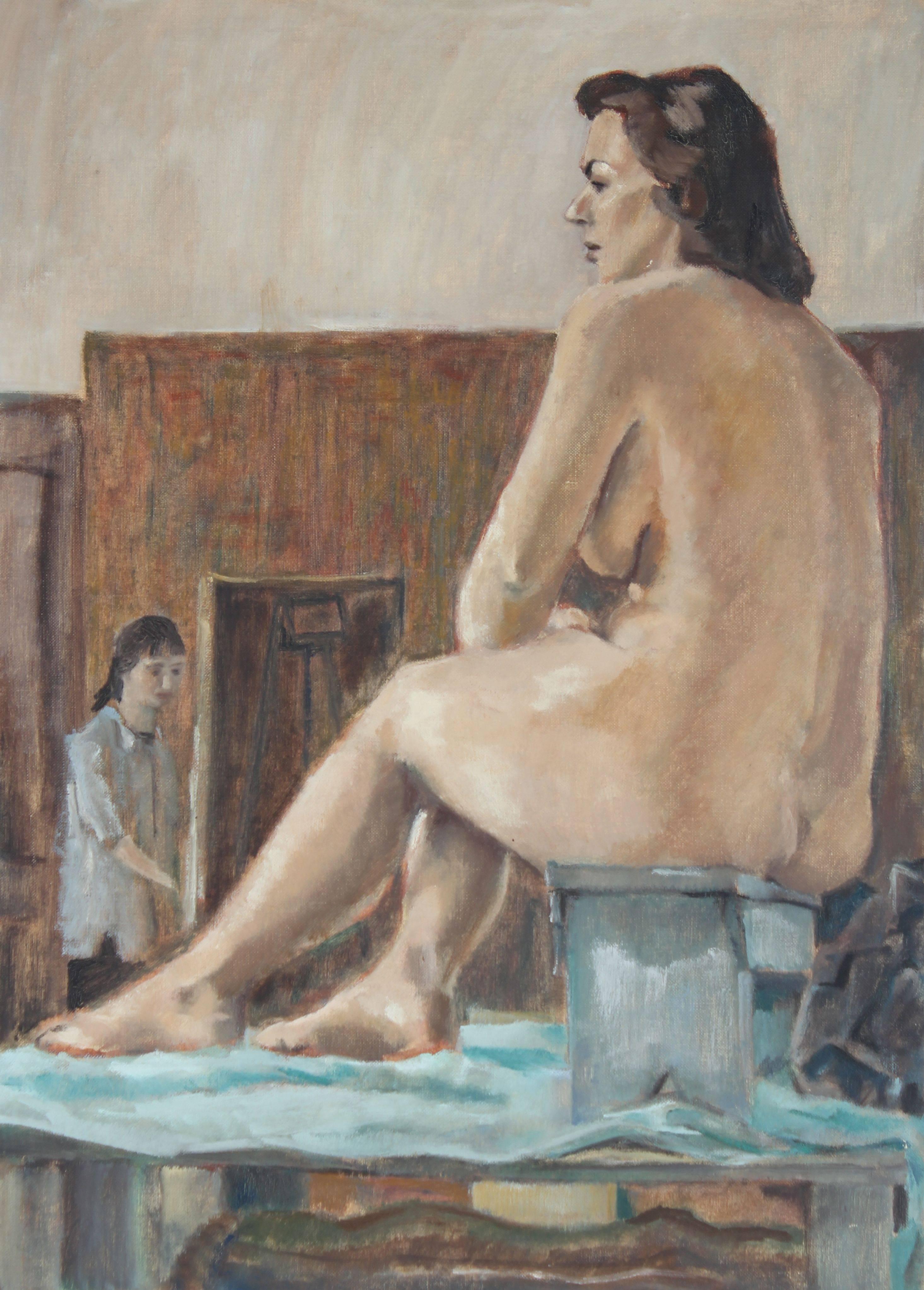 Rip Matteson Interior Painting - Nude Female Figure Model in Art Studio, Oil on Canvas Painting, 1957