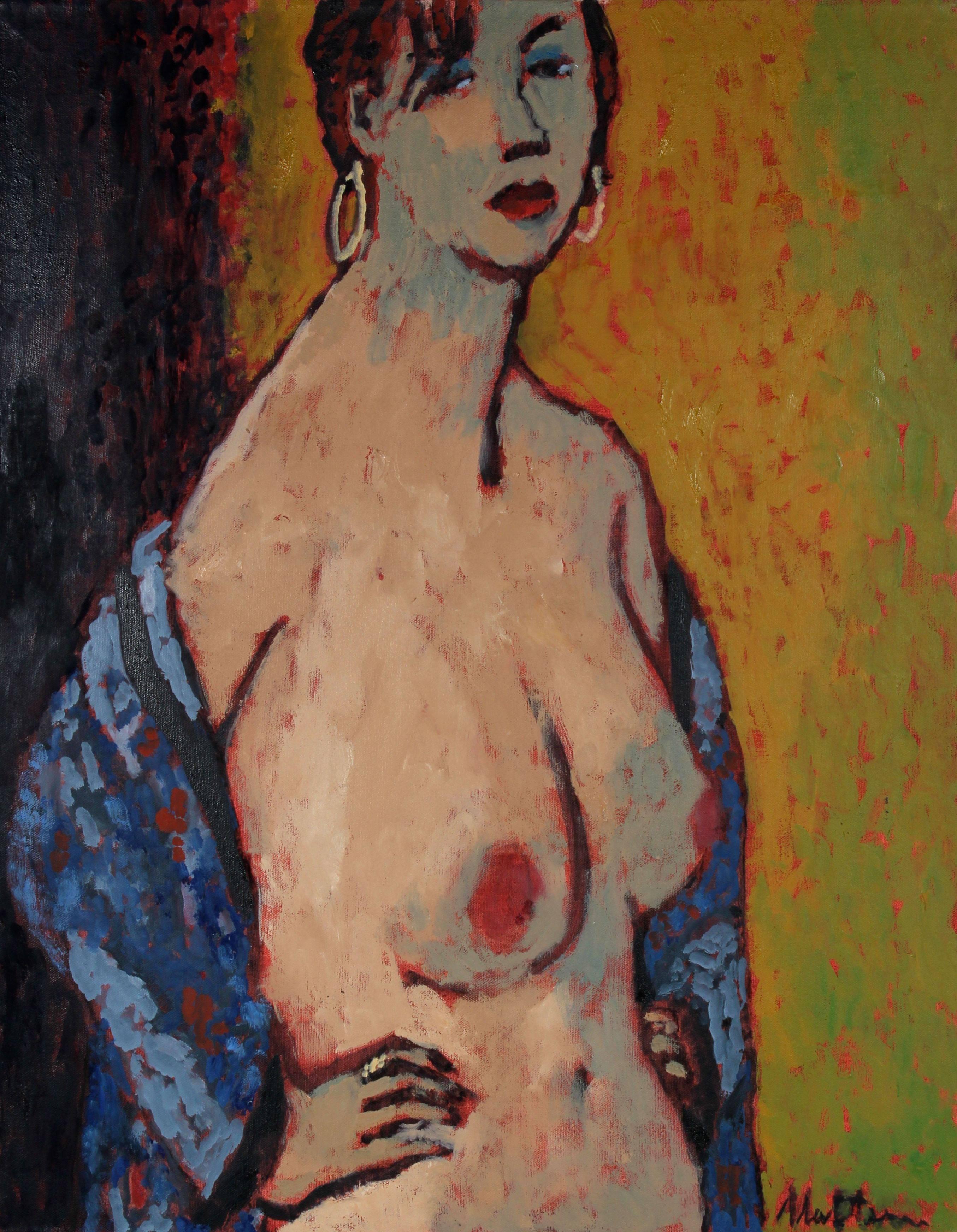 Rip Matteson Figurative Painting - Colorful Female Nude with Earrings Oil on Canvas with Green Mustard Yellow Blue