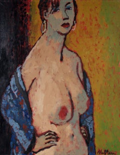 Colorful Female Nude with Earrings Oil on Canvas with Green Mustard Yellow Blue