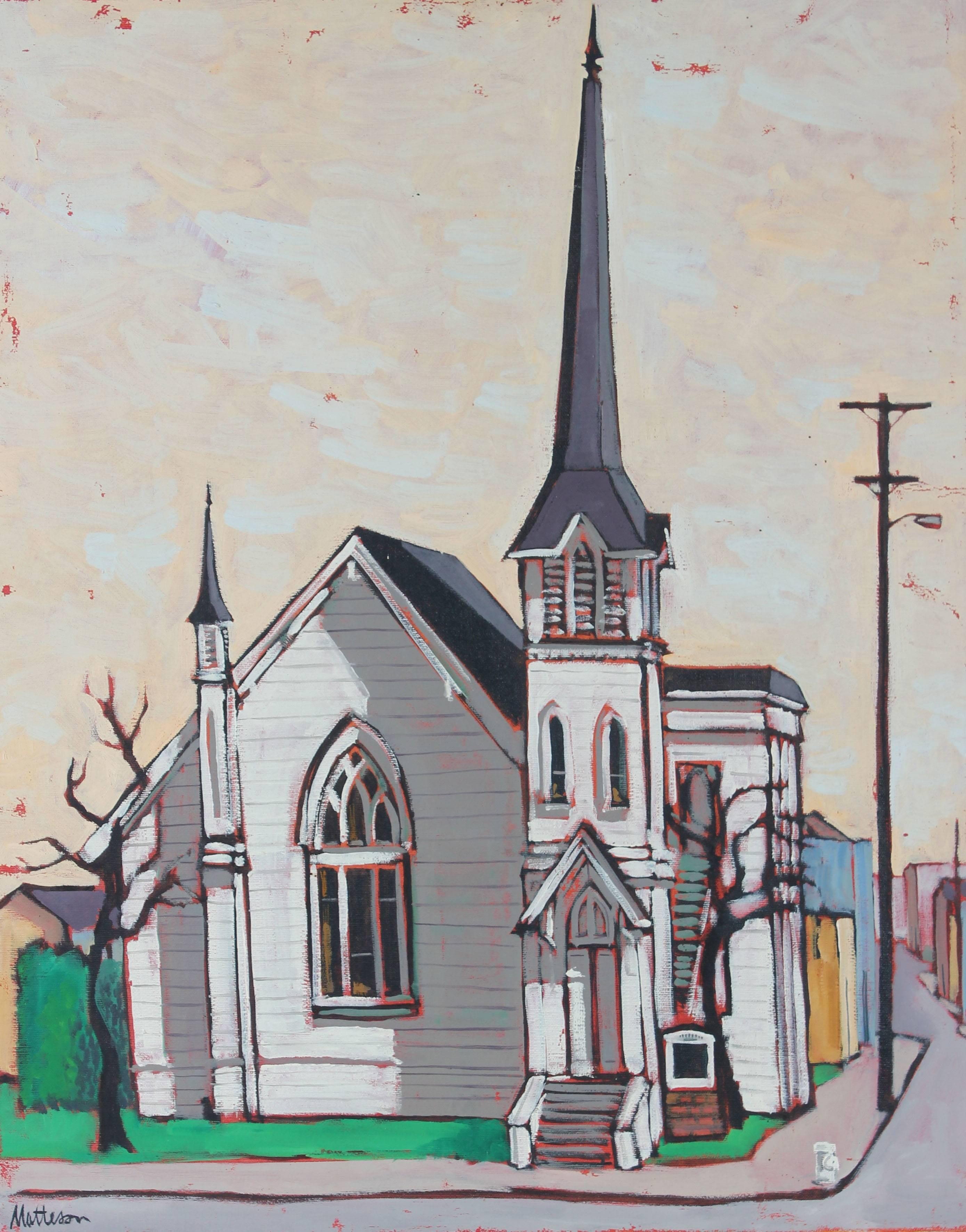 Rip Matteson Landscape Painting - "Berkeley" Cityscape with Church, Oil on Canvas, 1964