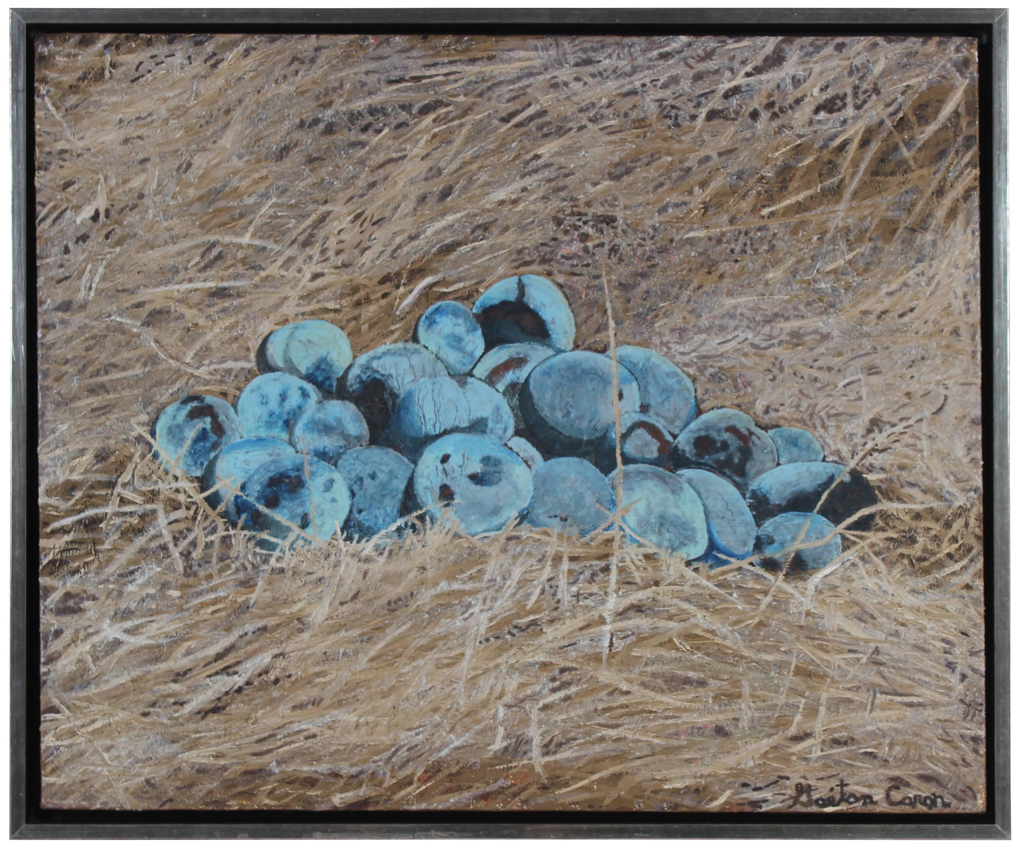 Gaétan Caron Still-Life Painting - "Prugene Italiani (Italian Plum)", Fruit Against Straw California Oil Still Life