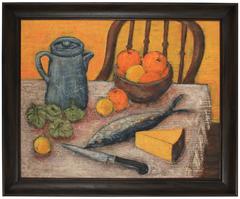 Vintage Kitchen Still Life with Fruit & Cheese, Oil Painting, Mid-Century