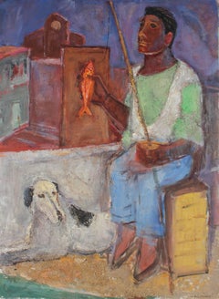 "Zeno the Fisher", Seaside Portrait in Oil Paint, Circa 1950s