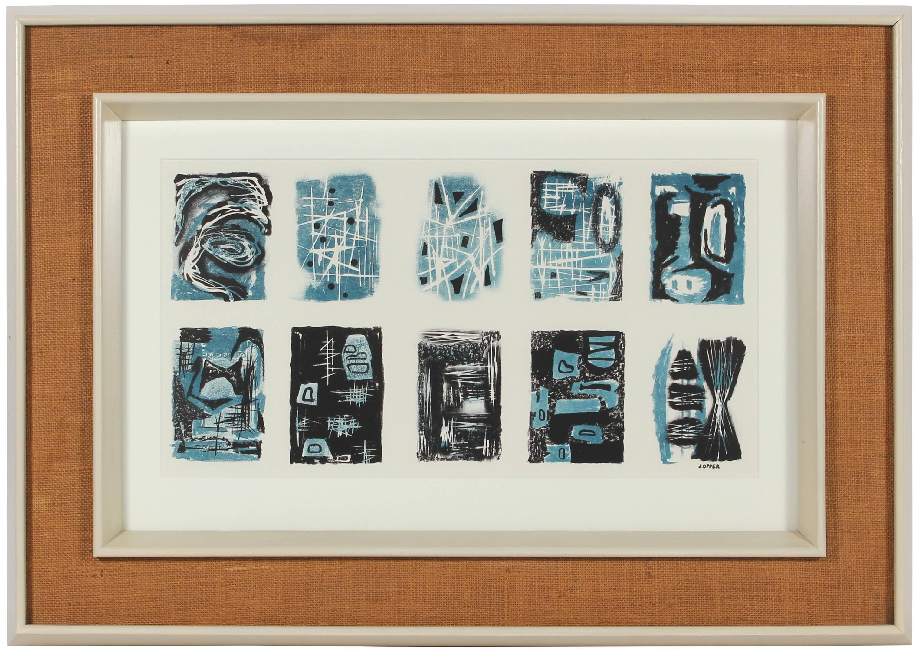 This late 1940s- early 1950s stone lithograph on paper with blue and black mid-century abstractions is by California artist Jerry Opper (1924-2014). Opper studied at Chouinard Art Institute, at the Colorado Springs Fine Arts Center and at the