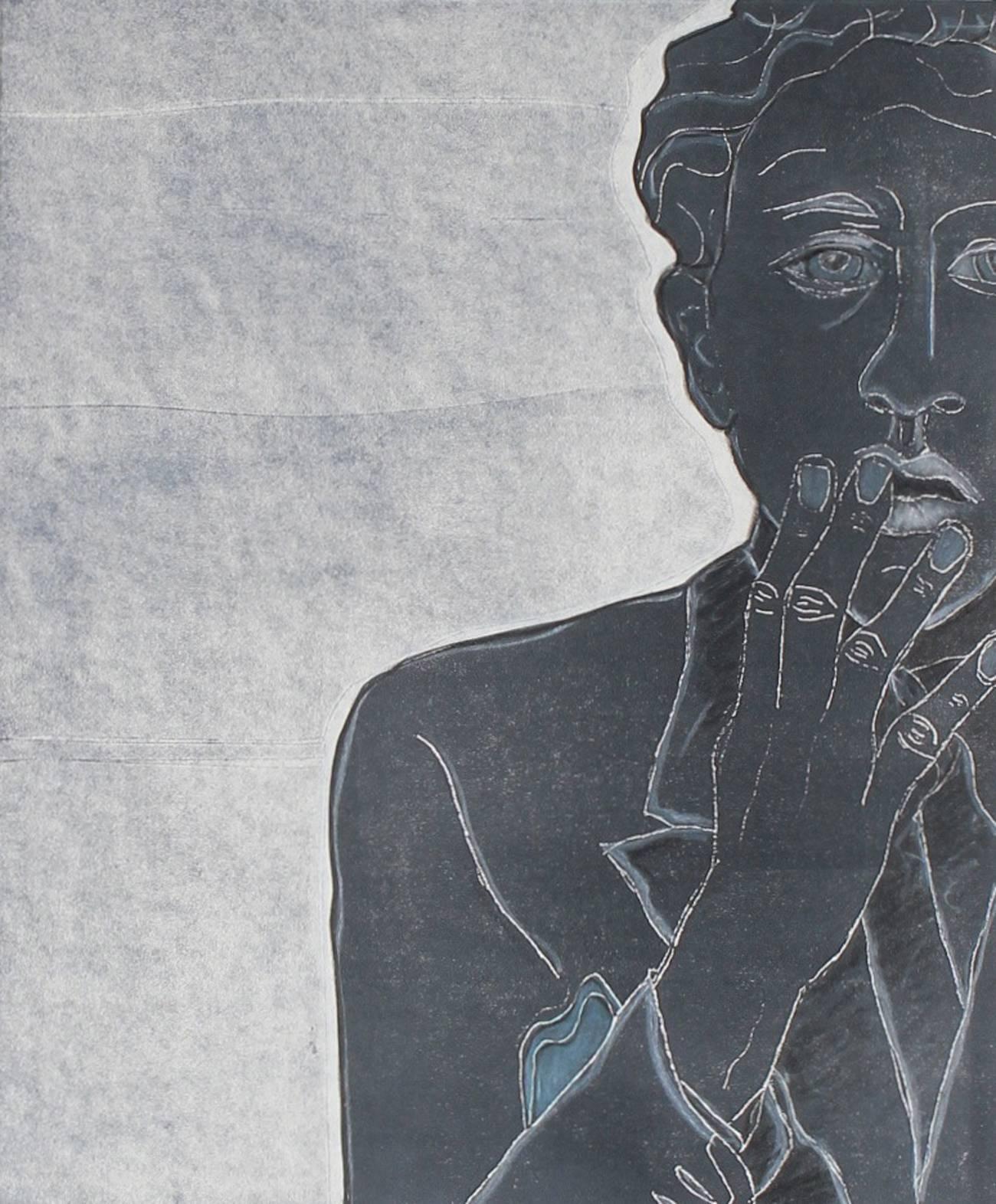 Rob Delamater Portrait Print - "Jean Cocteau in 1929 VI" Monoprint Portrait in Blue, 2015