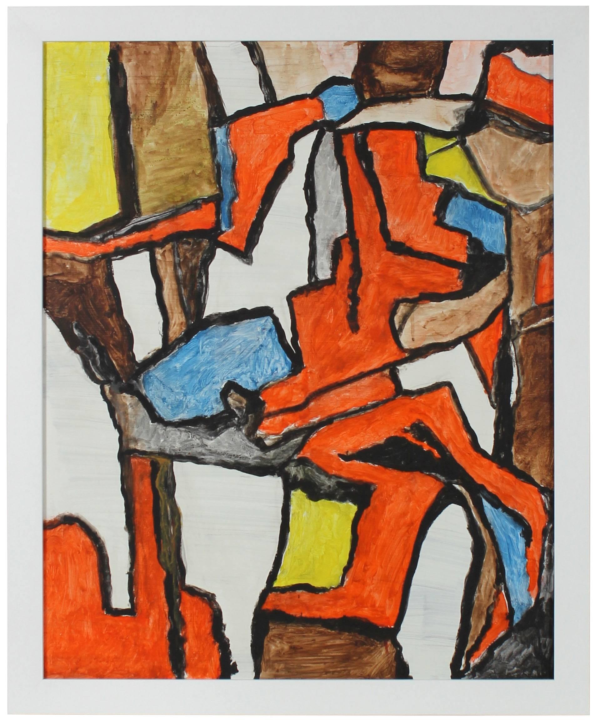Dieses abstrakte Gemälde auf Masonit aus den 1940-50er Jahren stammt von dem in Wien und San Francisco/Bay Area lebenden Künstler Gustav Friedmann (1897-1982). Friedmann wurde an der deutschen Schule Bauhaus ausgebildet. Zu den Studenten und