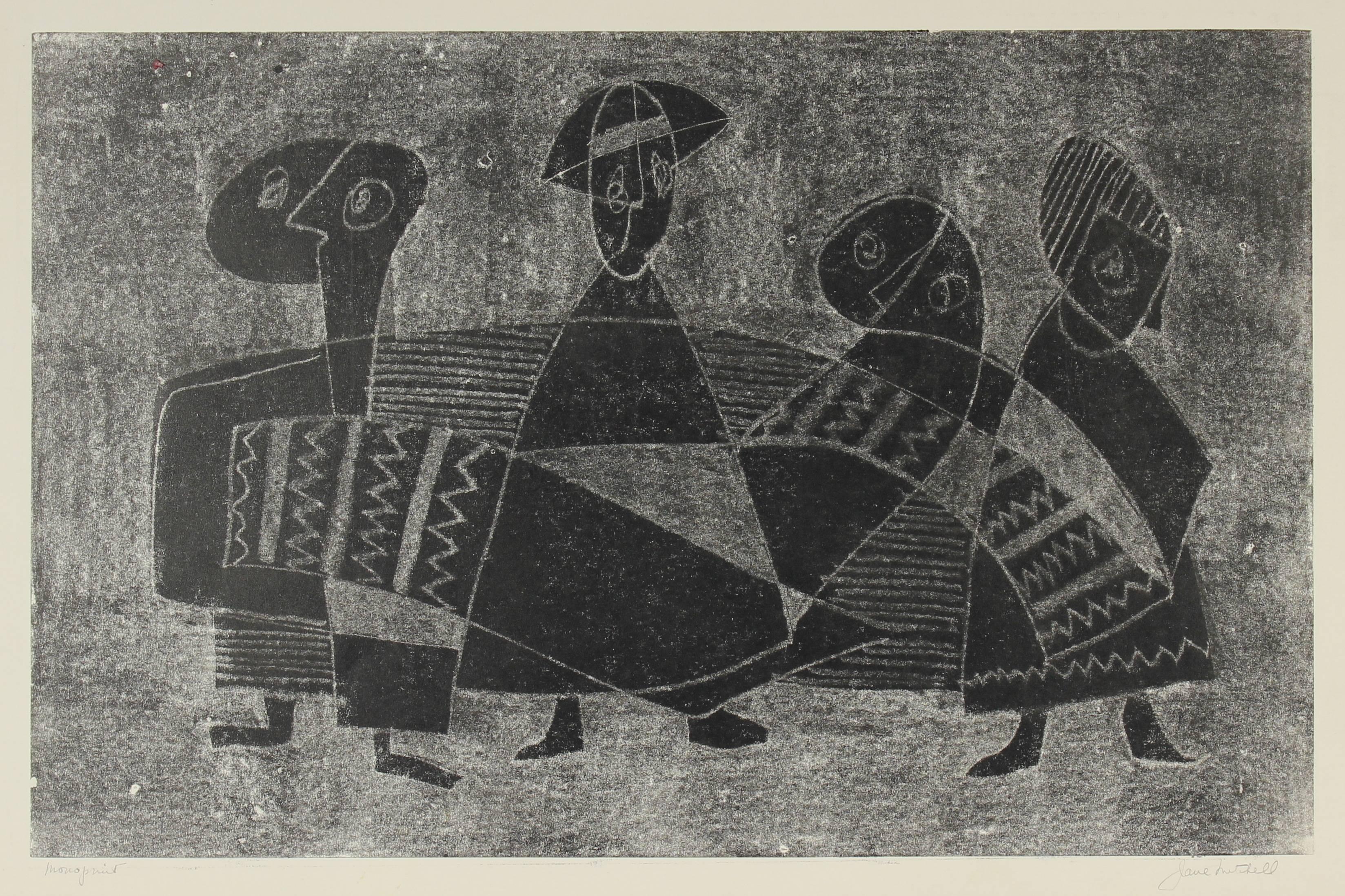 Jane Mitchell Figurative Print - Monochromatic Cubist Figures, Original Monotype Print, 1960s