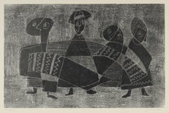 Monochromatic Cubist Figures, Original Monotype Print, 1960s