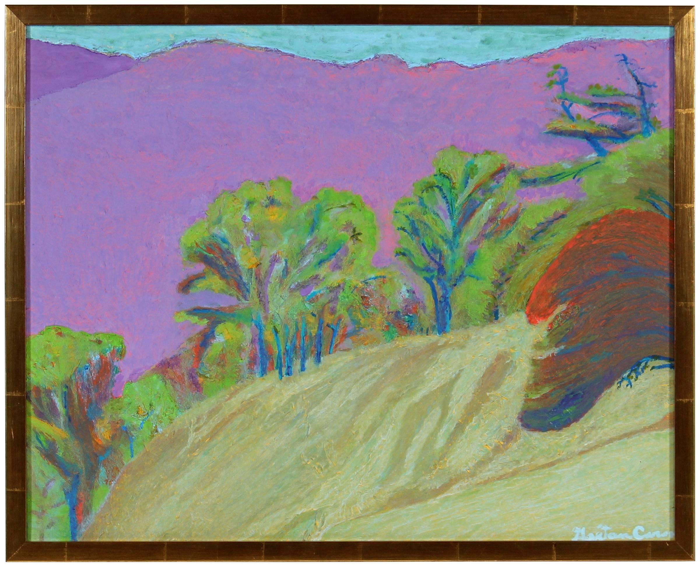 Gaétan Caron Abstract Painting - "Pine Ridge Fauve" Northern California Oil Landscape in Chartreuse, Blue & Pink