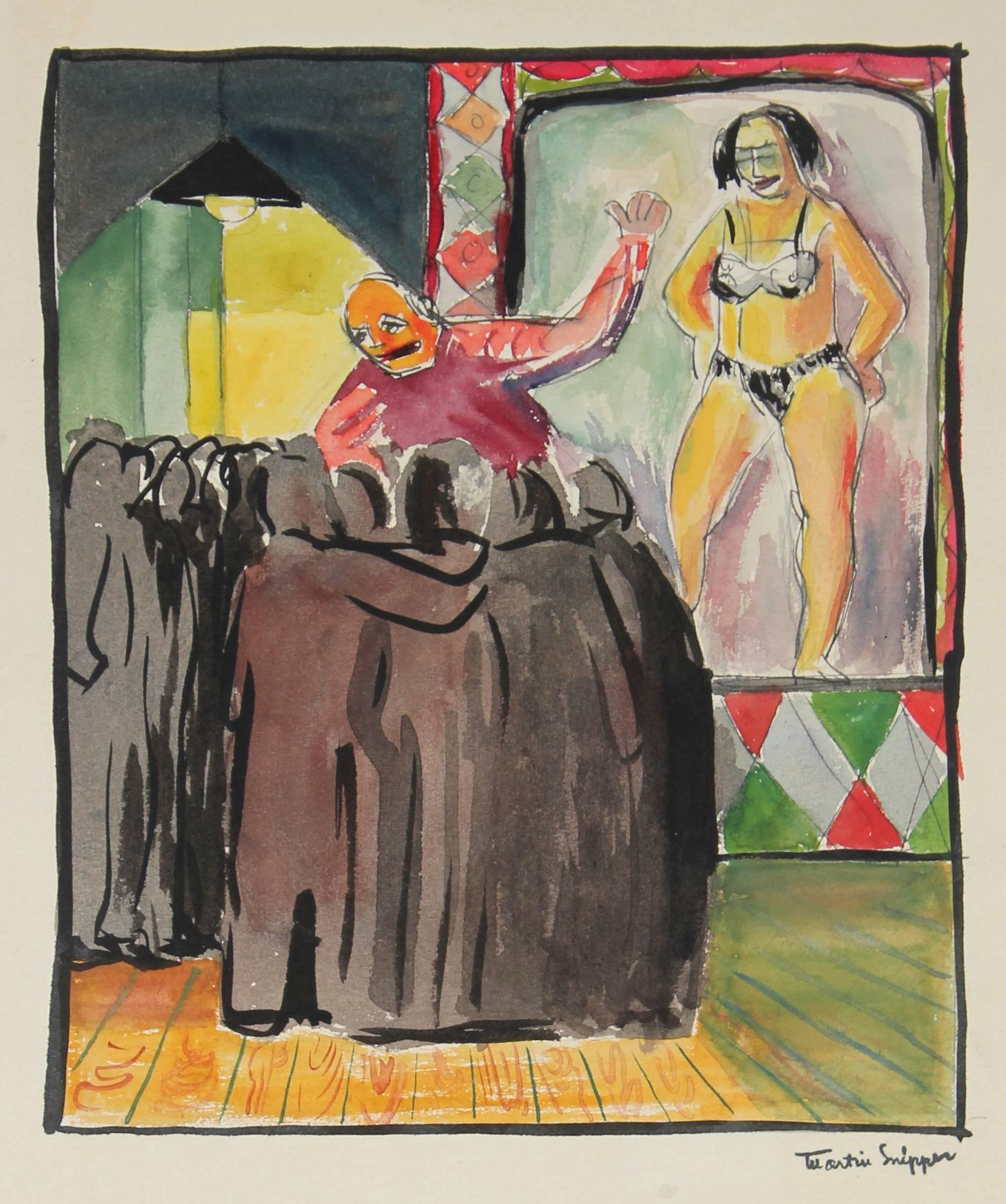 Martin Snipper Interior Painting - Expressionist Stage Performer, New York, Watercolor Painting, Mid 20th Century 