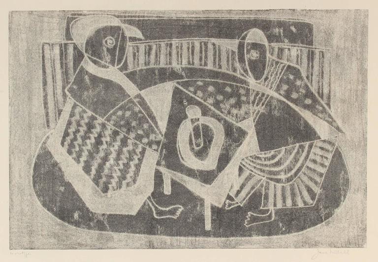 Jane Mitchell Abstract Print - Cubist Cafe Scene Monotype, Circa 1970s