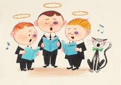 "Harmony" Mid Century Gouache Illustration of Angels Singing in a Choir with Cat