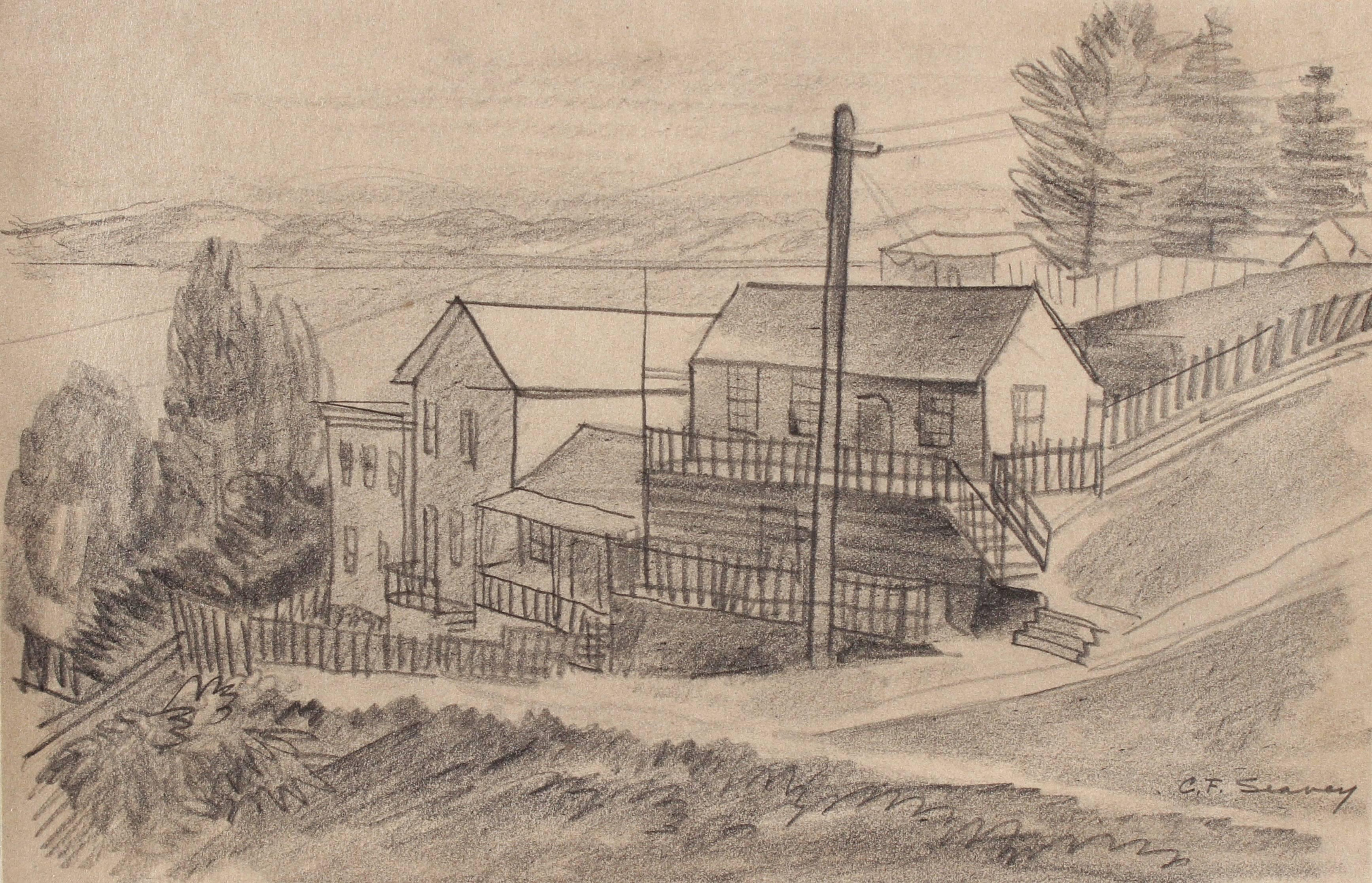 Clyde F. Seavey Sr. Landscape Art - San Francisco Neighborhood by the Bay, Graphite Drawing, 1938
